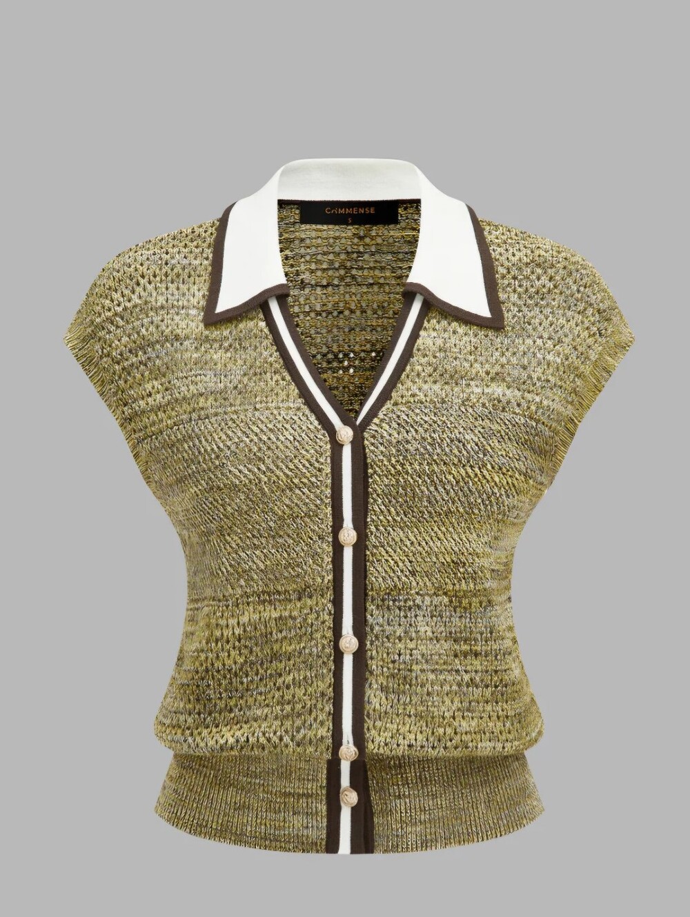 Commense Khaki Contrast Trim Textured Knit Top XS 100% Cotton - Picture 1 of 3